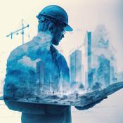 Construction engineer holding plan in double exposure above blue city and construction site for ai resource guide article. Generative AI