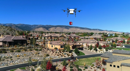 Drone delivering package to a home