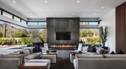 Clerestory windows with a fireplace in the home's great room