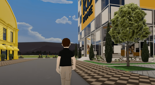 Avatar man walking toward the welcome center in KB Home's virtual new-home community in the metaverse