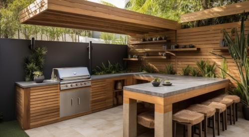 Outdoor kitchen with wood features and modern appliances